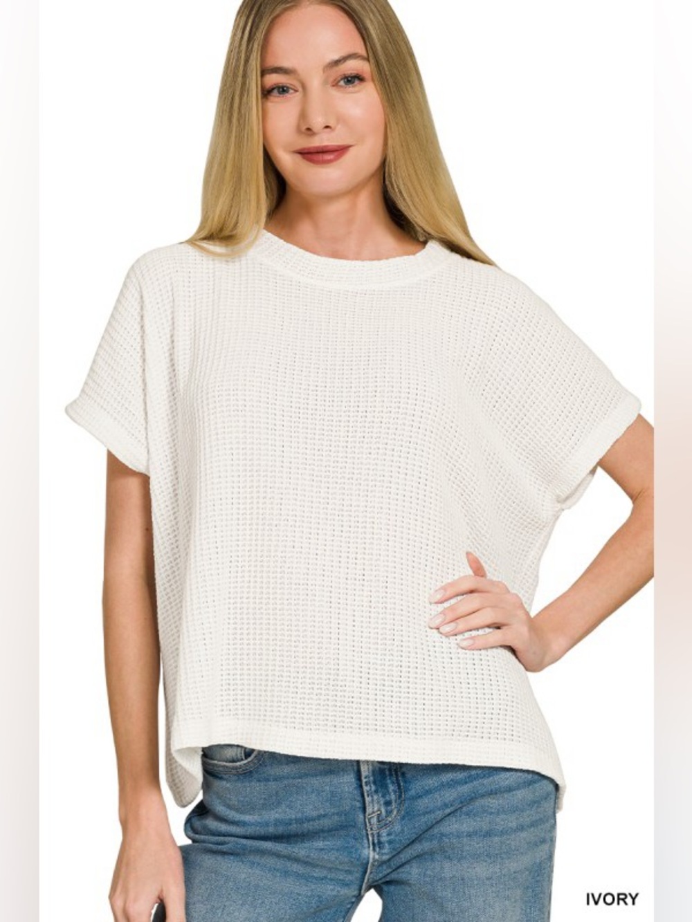 Ivory Zenana CHENILLE WAFFLE CAP SLEEVE SWEATER